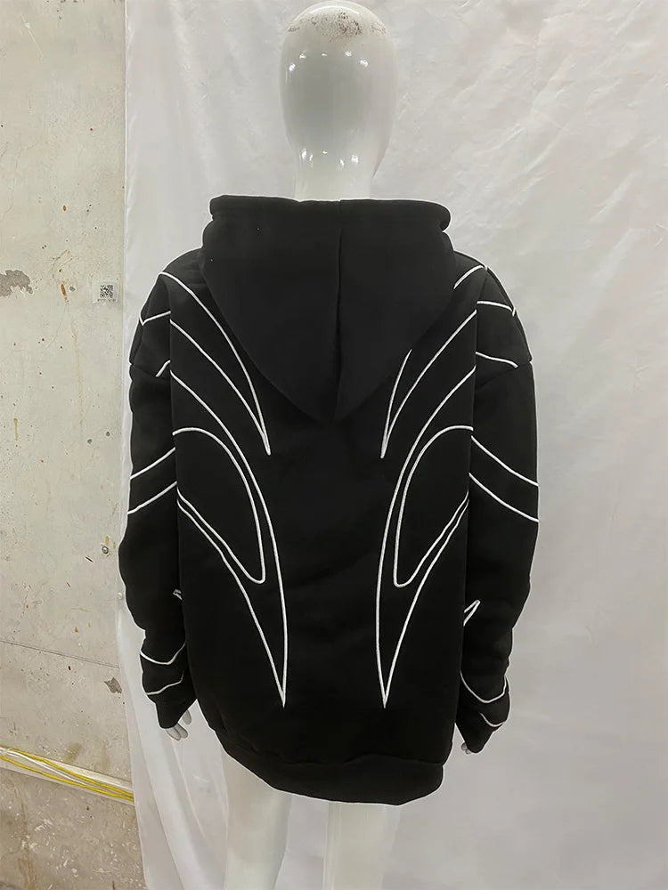 Street Retro Black Double Zipper Hoodie