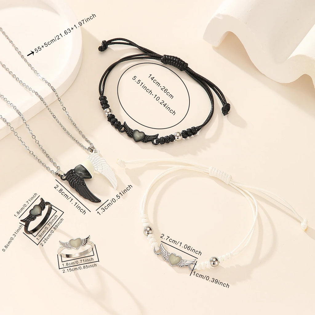 Luminous Heart And 3D Wing Couple Necklace Ring Bracelet Set