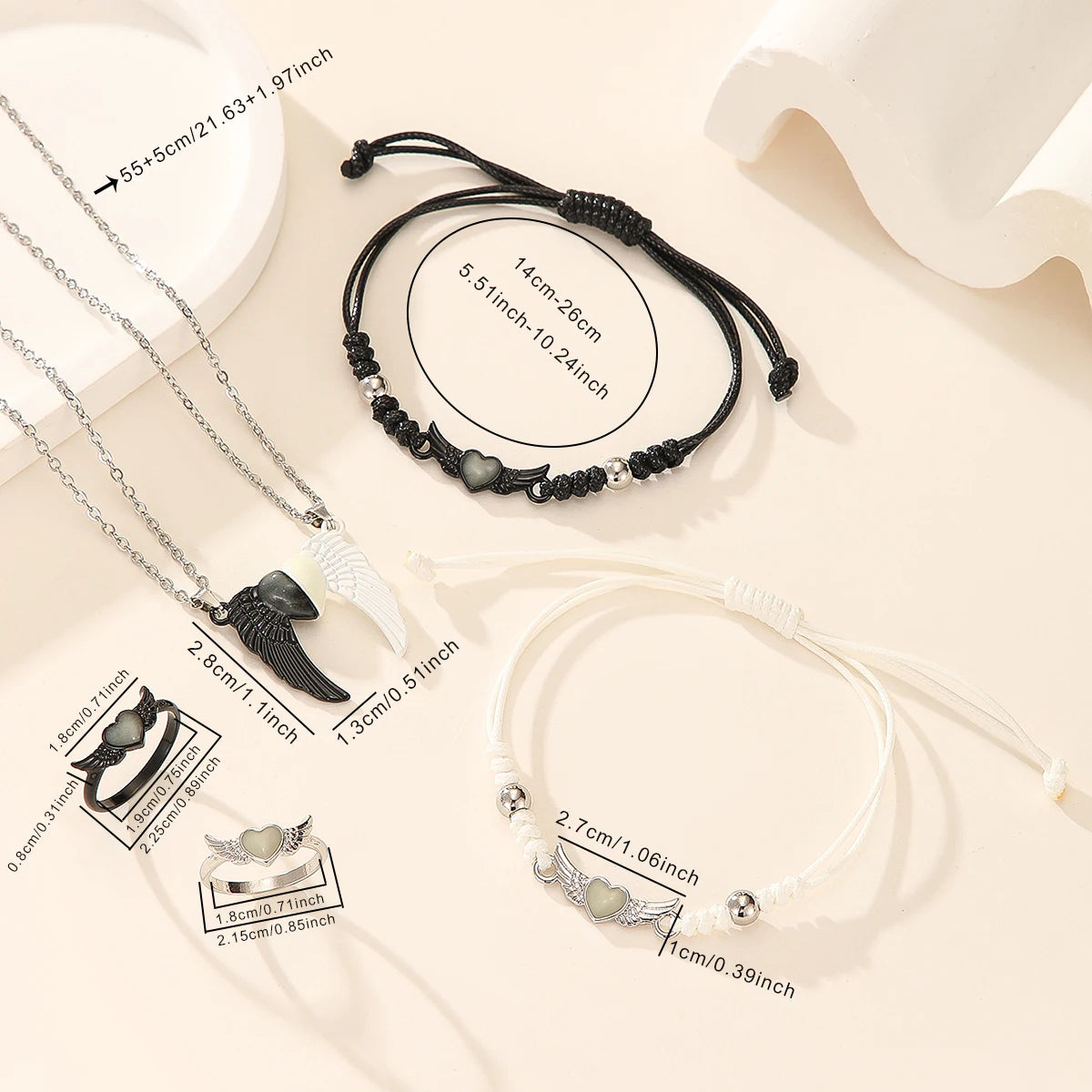 Luminous Heart And 3D Wing Couple Necklace Ring Bracelet Set