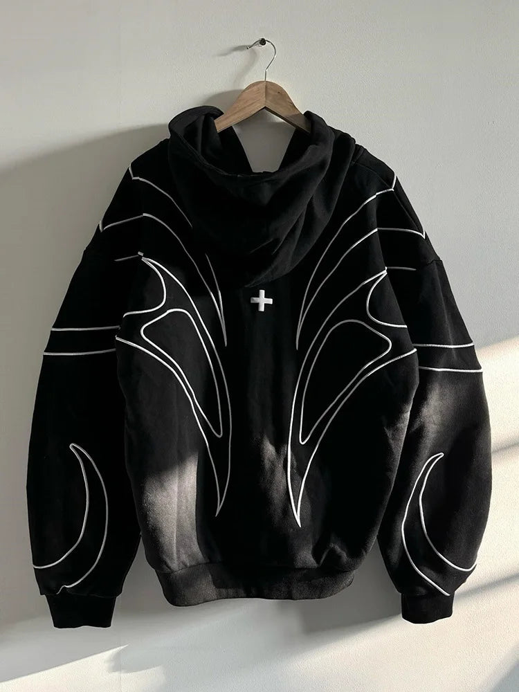 Street Retro Black Double Zipper Hoodie