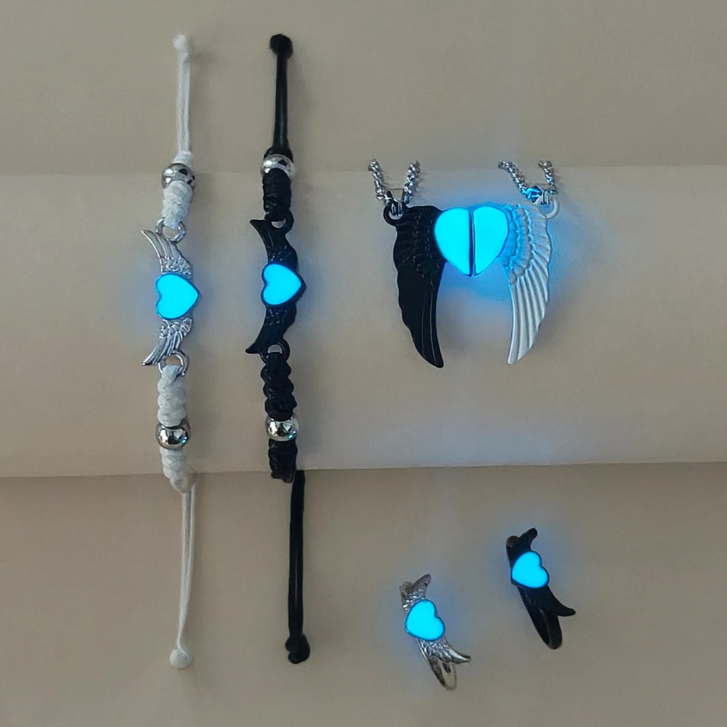 Luminous Heart And 3D Wing Couple Necklace Ring Bracelet Set