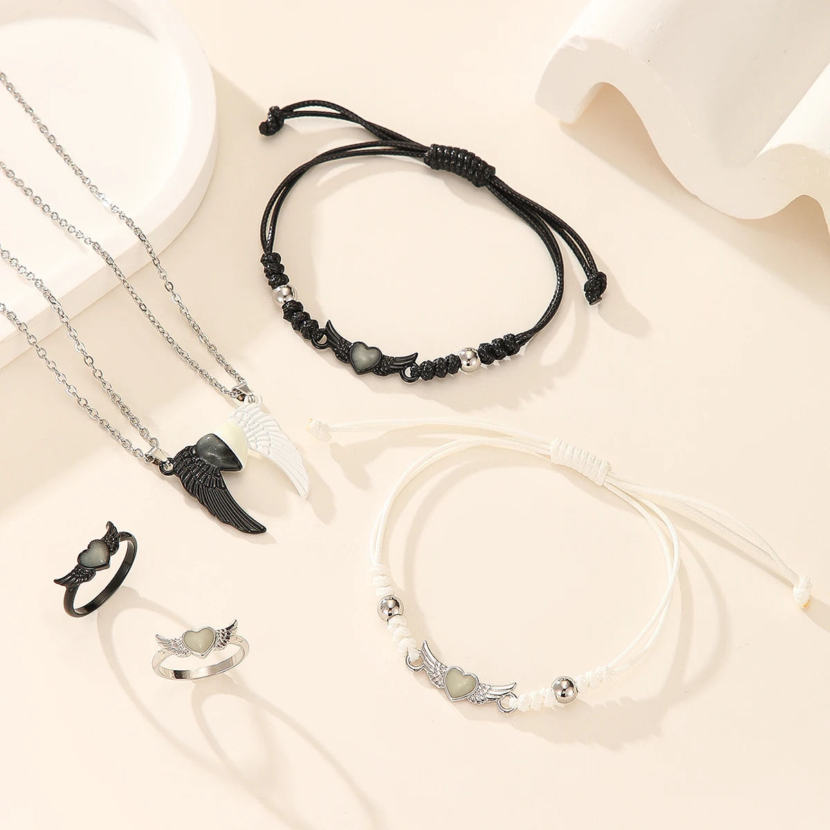 Luminous Heart And 3D Wing Couple Necklace Ring Bracelet Set