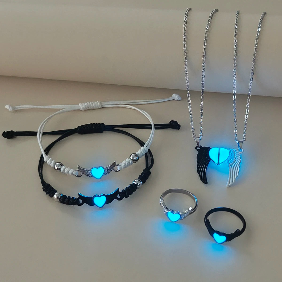 Luminous Heart And 3D Wing Couple Necklace Ring Bracelet Set