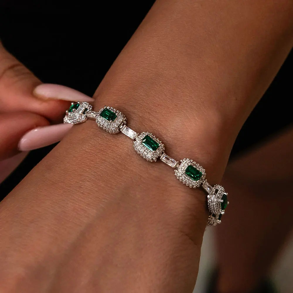 Emerald Cushion Cut Diamond Bracelet White Gold Inlaid Green Baguette Zircon