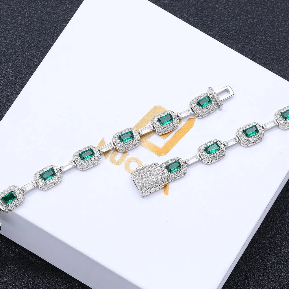Emerald Cushion Cut Diamond Bracelet White Gold Inlaid Green Baguette Zircon