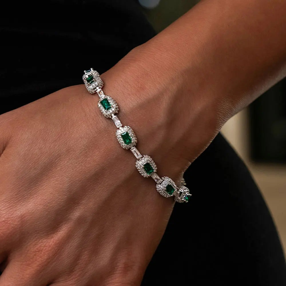Emerald Cushion Cut Diamond Bracelet White Gold Inlaid Green Baguette Zircon