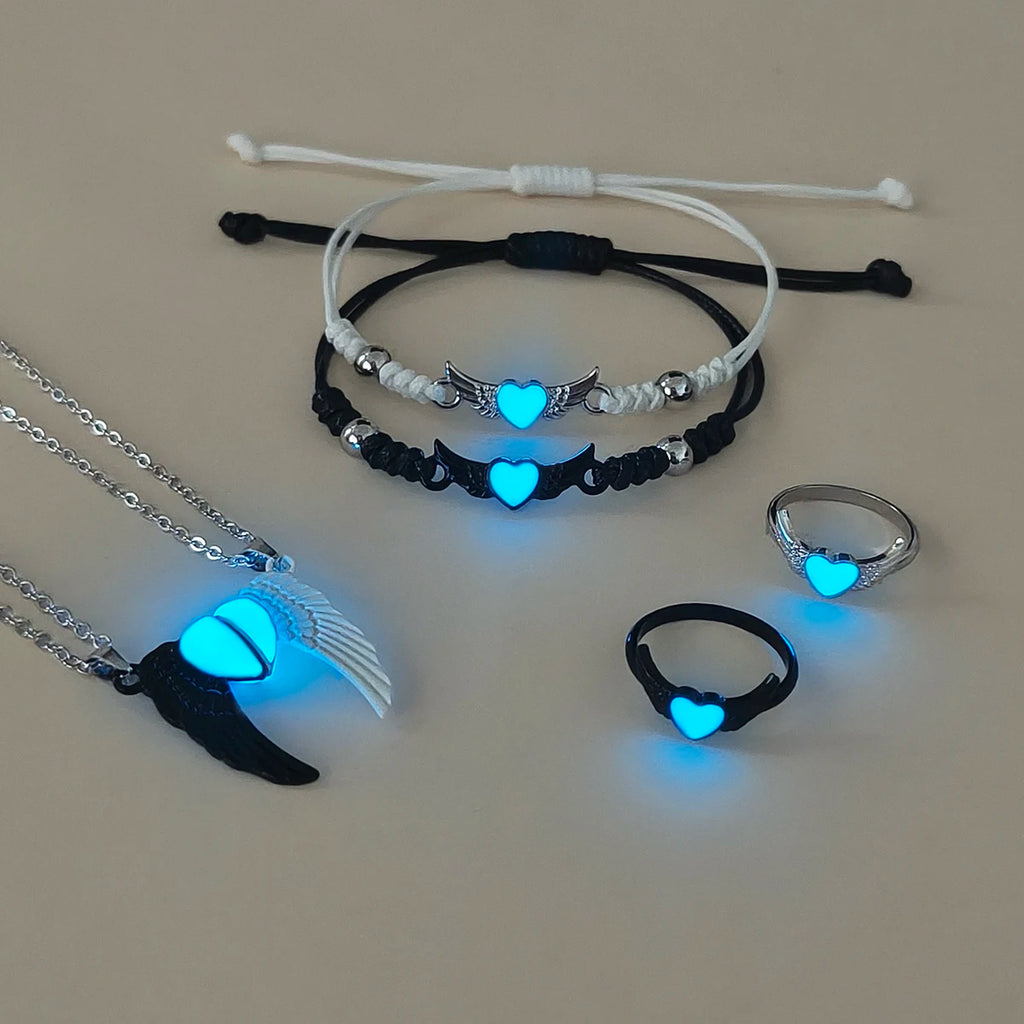 Luminous Heart And 3D Wing Couple Necklace Ring Bracelet Set