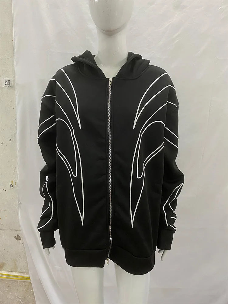 Street Retro Black Double Zipper Hoodie