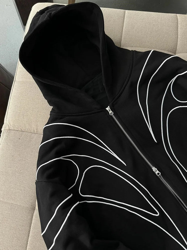Street Retro Black Double Zipper Hoodie