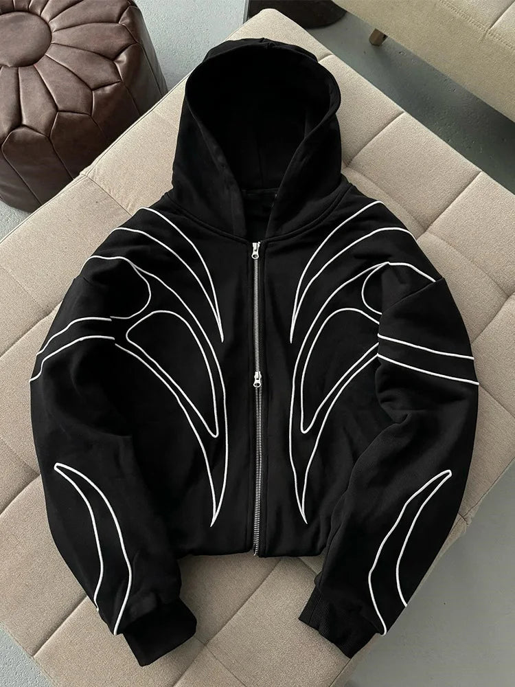Street Retro Black Double Zipper Hoodie